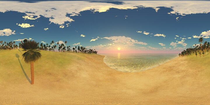 Tropical beach at sunset. hdri, environment map, round panorama, spherical panorama, equidistant projection, panorama 360. 3d rendering