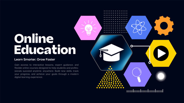 Online Education Banner with Educational Technology Clipart Icons. Online education banner design featuring educational technology icons, graduation cap, video lesson, innovation, research