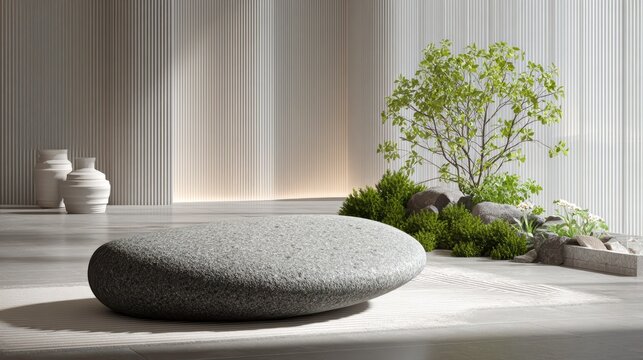 smooth pebble stone podium with soft curved edges, zen sushi presentation theme, bright clean environment, ultra realistic texture