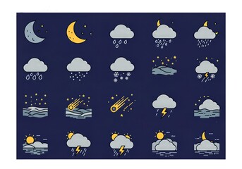 Obraz premium Vibrant collection of modern weather icons depicting rain, snow, storms, clear skies, and celestial events for dynamic forecast visuals