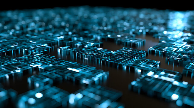 Abstract data matrices against a background of blue digital blocks.