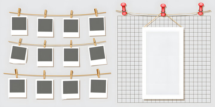 A collection of hanging photo booth strip and instant photo frame mockups, along with push pins. Includes blank retro image templates ready for scrapbooking, preserving memories, branding, and creativ