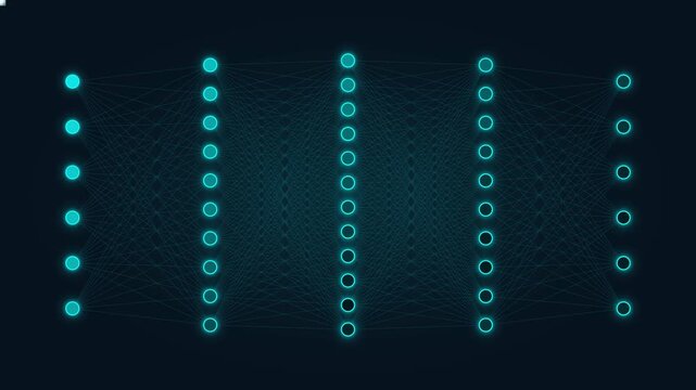 Neural network deep learning concept with glowing data nodes and connections animation