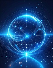 Fototapeta premium A glowing blue orb with intricate network lines and sparkling dots against a dark background