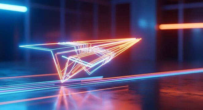 Neon glowing geometric lines forming abstract pyramid shape on dark reflective urban surface at night