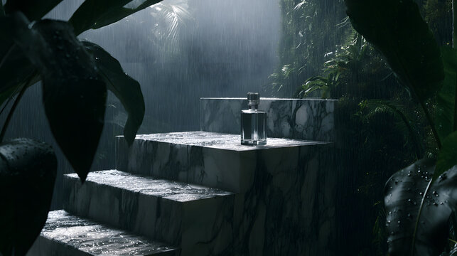 Luxury Fragrance Bottle on Stone Steps in Misty Tropical Jungle Background with Soft Sunlight