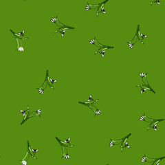 Fototapeta premium seamless pattern Snowdrop flowers featuring white petals, green stems, and vibrant green leaves, symbolizing new beginnings, freshness, and the arrival of spring season