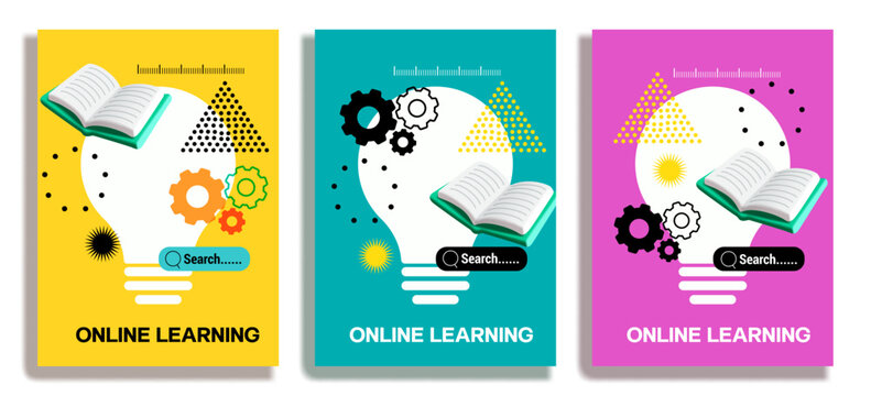 Online Learning Poster Template Clipart Set. Collection of online learning poster templates featuring open books, gears, search interface, light bulb concept shapes, and educational technology element