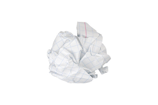 Crumpled white squared paper ball isolated on white background. Ripped school notebook grid sheet wad with red margin and realistic shadows for creative crisis and education concepts