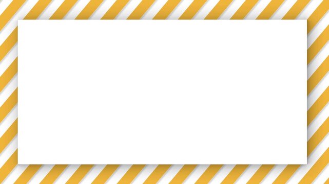 Abstract striped border moving with central copy space area, minimalist graphic frame with sliding yellow diagonal hazard stripes surrounding blank white copy space in dynamic motion.
