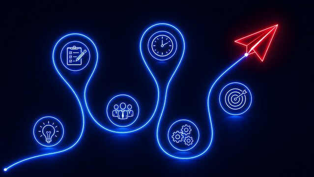 Strategic project roadmap concept tracing a glowing path from idea generation to successful launch