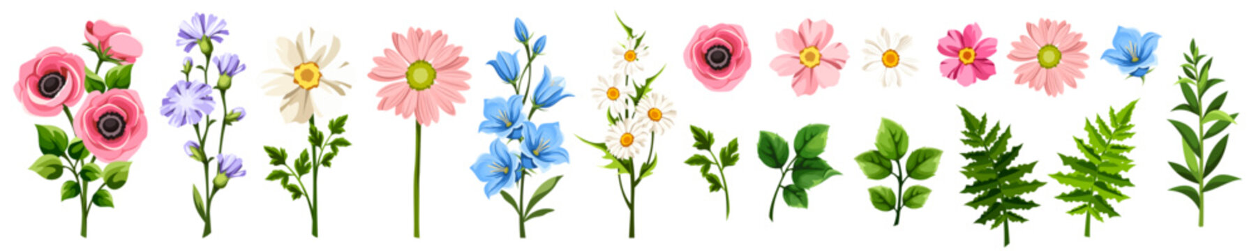 Set of flowers. Pink, blue, purple, and white flowers and green leaves and grasses. Set of vector floral design elements isolated on a white background