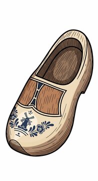 Hand-drawn illustration of a wooden clog with a charming windmill motif.