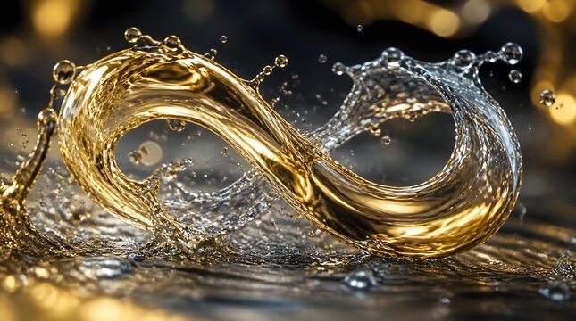 Luxury golden liquid infinity sign with dynamic splashes, cinematic conceptual background for longevity and success