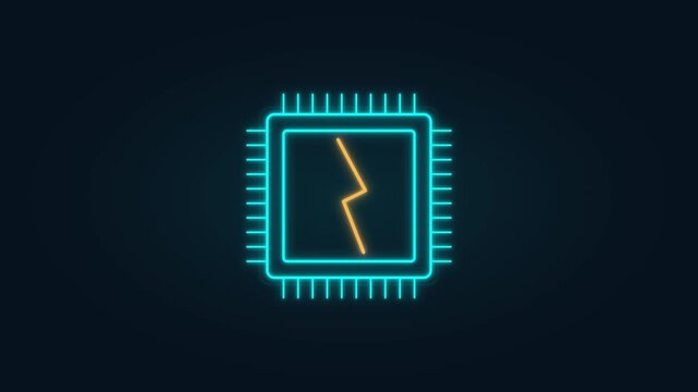 Neon cpu microchip with pulsing lightning bolt animation for tech concepts animation