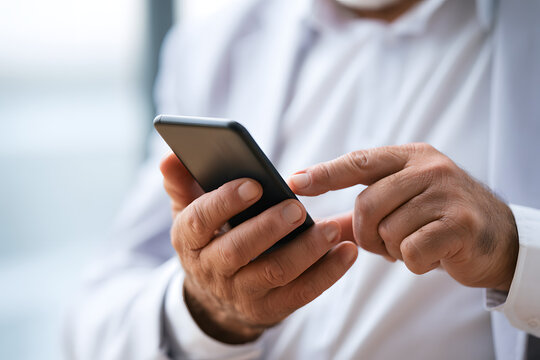 A detailed view of an elderly man's hands operating a smartphone with a hazy background, a mature and professional male engaging with a mobile app on a touchscreen in a contemporary setting, with spac