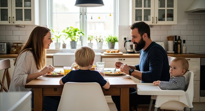 Family photo of parents and two children eating breakfast together at home
