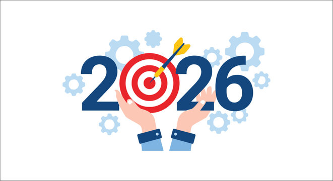 Year 2026 With Target And Hands Flat Vector Illustration