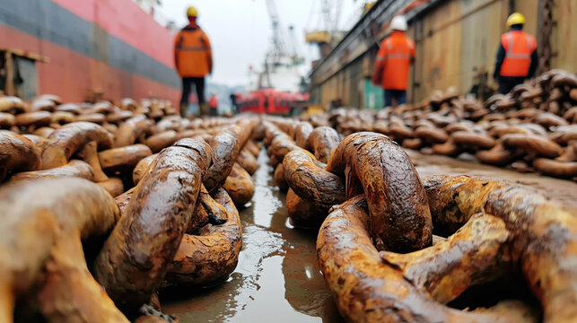 Rusty chain heavy chain industrial chain shipyard dock construction worker safety vest hard hat metal texture rust puddle wet ground closeup depth of field perspective strong strength heavy anchor