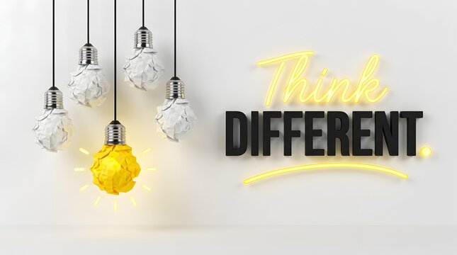 Creative innovation concept with glowing yellow paper lightbulb and neon text think different