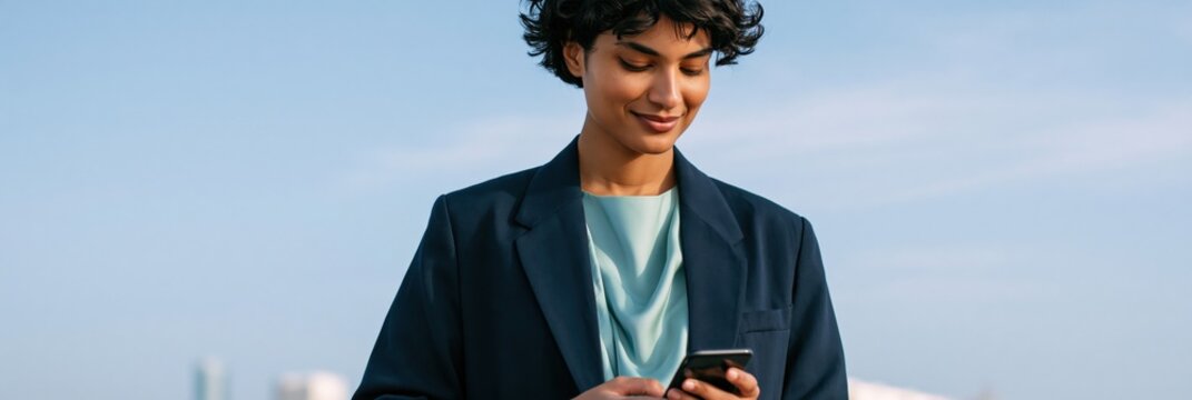 Professional woman using smartphone outdoors with city skyline background for corporate banner and mobile app design