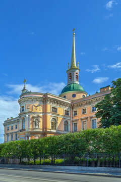 Western facade of Saint Michael Castle in Saint Petersburg, Russia. Eye level view on a sunny summer day