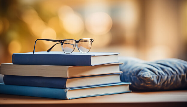 A stack of books and a pair of glasses . Blurred background