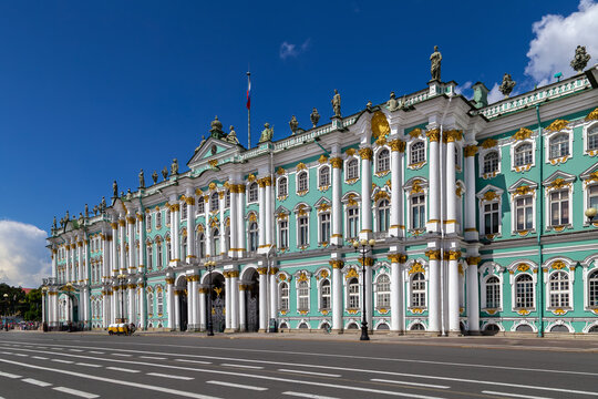 Main facade of Winter Palace in Saint Petersburg, Russia. Palace Square view on a sunny summer day