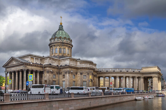 Side view of Kazan Cathedral in Saint Petersburg, Russia. View from Griboedov canal embankment on a sunny summer day