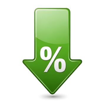 Green arrow down with percentage symbol indicating decrease in price or interest rate financial concept