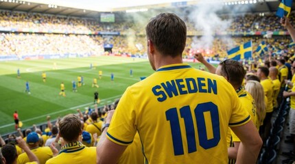 Fototapeta premium Sweden Soccer Fan Cheering With Flags in Stadium Crowd
