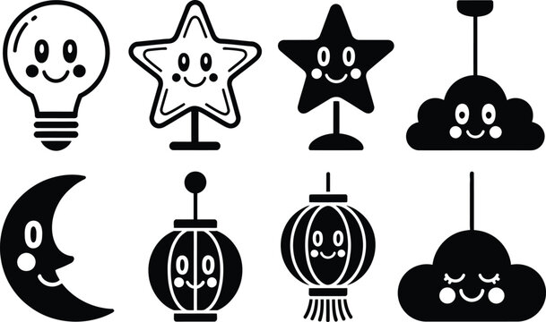 Cute cartoon character light fixture and celestial icon set with character silhouette illustration lighting celestial minimalist creature collection interior decoration