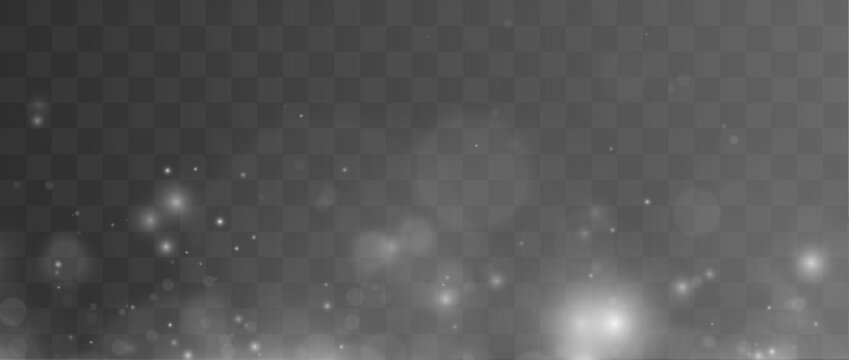 Transparent white dust clouds glow with subtle light effects. Bright floating particles create a dreamy atmosphere. Refined details provide visual elegance.