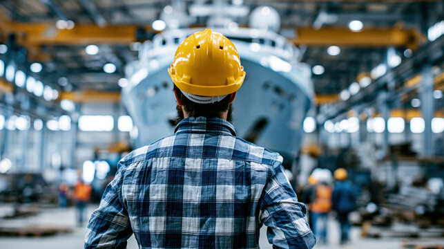 Industrial worker safety helmet shipyard engineer back view construction hardhat factory industry shipbuilding Industrial worker with safety helmet stands large shipyard factory, back view