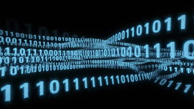 Abstract visual of glowing blue binary code digits flowing in an intricate data stream, symbolizing modern computing, global network connections, and artificial intelligence.