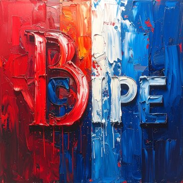 Abstract oil painting with the word BIPE textured on a red and blue background.