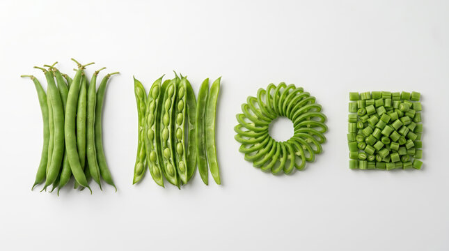 Green beans culinary arrangement with whole pods open seeds and sliced rings