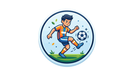 Fototapeta premium Young boy playing soccer in a circular badge.