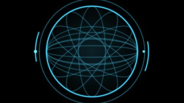 Futuristic glowing atom hud interface with rotating orbital rings animation