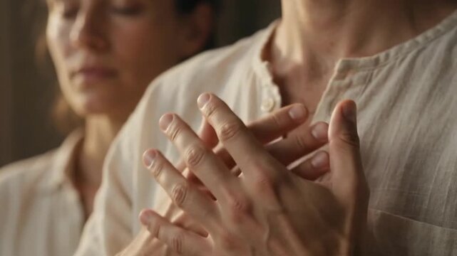 Close-up of prayer hands resting against the chest, eyes closed visible in soft focus in background. Gentle breathing movement. Warm side lighting. Intimate and peaceful feeling. 