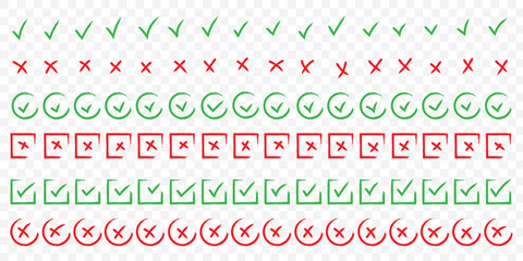 Check tick mark icon set, hand drawn doodle red cross box x check mark green checkbox v, sketch marker checklist symbol right and wrong set - for stock. Green check mark and red cross icon set, circle © Top