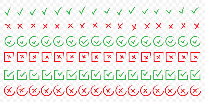 Check tick mark icon set, hand drawn doodle red cross box x check mark green checkbox v, sketch marker checklist symbol right and wrong set - for stock. Green check mark and red cross icon set, circle