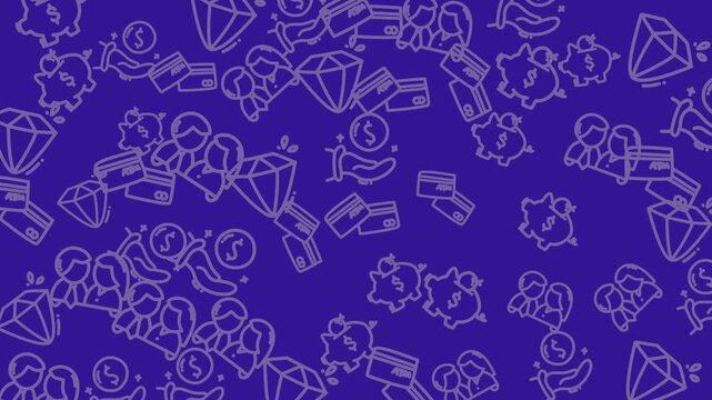 Purple pattern with diamond icons, piggy bank, money, credit cards. Ideal for financial or investment concepts, banking presentations, or web design projects.