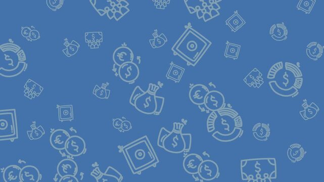 Blue background pattern with white line icons of money, finance, safe bank. Suitable for financial presentations, website banners, and infographics.