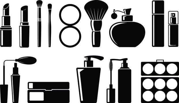 Collection of makeup and beauty product silhouettes with cosmetic lipstick foundation accessories products application eyeshadow silhouette collection grooming container professional