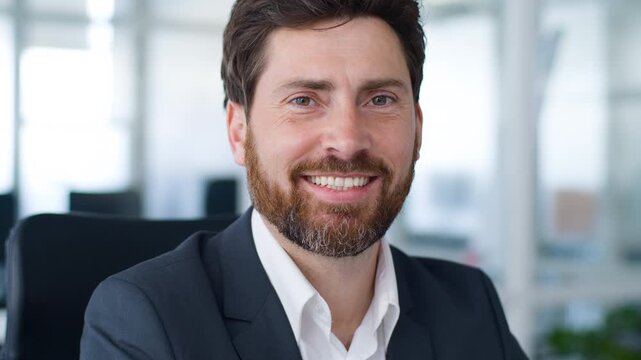 Close up portrait happy Caucasian middle-aged business man smiling carefree looking at camera smile with healthy teeth formal businessman cheerful posing at office mature 40s male corporate executive