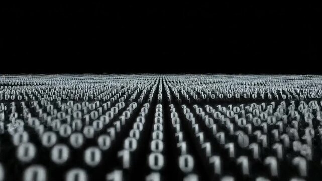 Dynamic binary code data stream with flowing digits representing advanced technology, programming, and cybersecurity for artificial intelligence and digital networking.