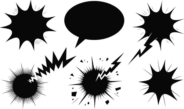 Set of grunge comic style explosions and speech bubbles with speech bubble sound effect pop art explosion effect graphic design black and white action lines explosion distressed illustration