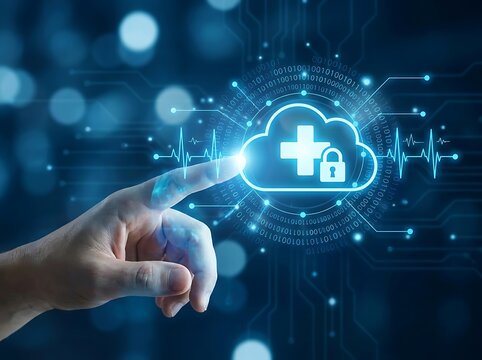 Secure healthcare cloud computing concept with hand interaction and digital data stream