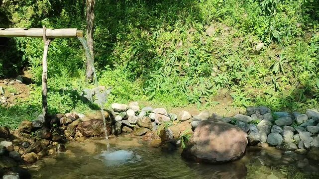 Wide Shot of Bamboo Water Pipe Pouring Into Rocky Pond Surrounded by Tropical Vegetation